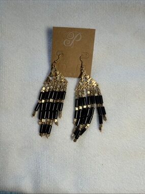 Plunder Gold and Black Beaded Fringe Earrings